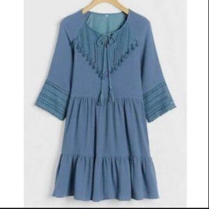 ANTHROPOLOGIE ERI ALI ANGELICA EMBROIDERED EYELET TASSELED TIERED DRESS SZ M